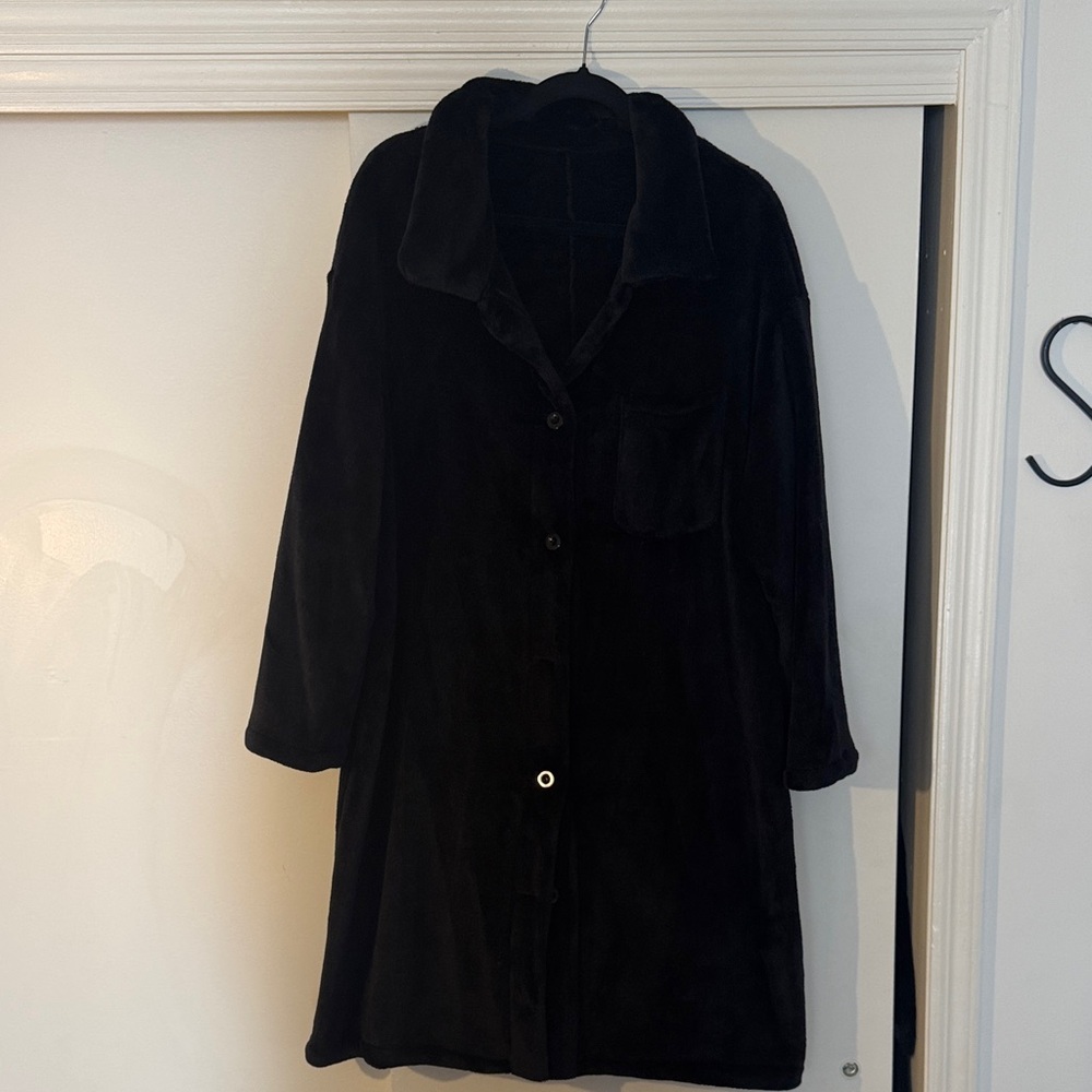 Black Women's Long Button-Front Coat Jacket teddy material